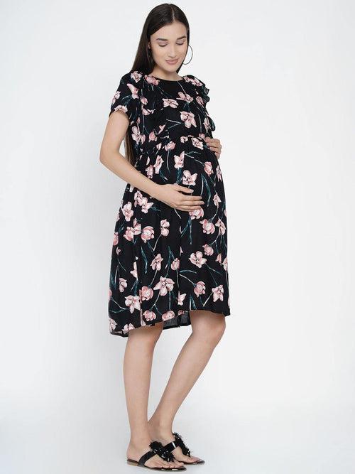 Black Floral Print Maternity and Nursing Midi Dress
