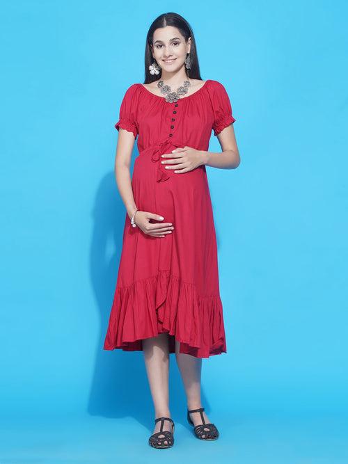 Red Asymmetric Viscose Rayon Maternity & Nursing Dress