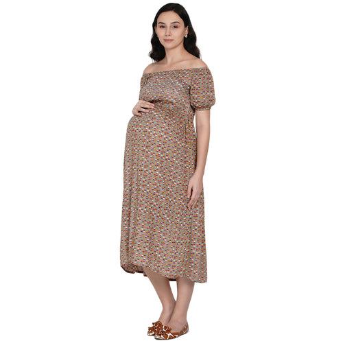 Brown Floral Print Off Shoulder Maternity and Nursing Midi Dress