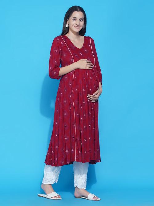 Red Floral A-Line Maternity and Feeding Kurta