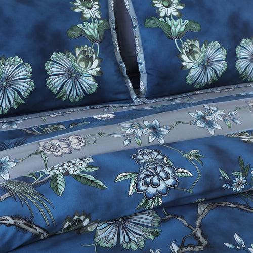 Malako Basel 350TC 100% Cotton Blue Botanic King Size Bed Sheet/Quilted Comforter Set