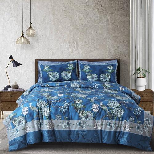 Malako Basel 350TC 100% Cotton Blue Botanic King Size Bed Sheet/Quilted Comforter Set