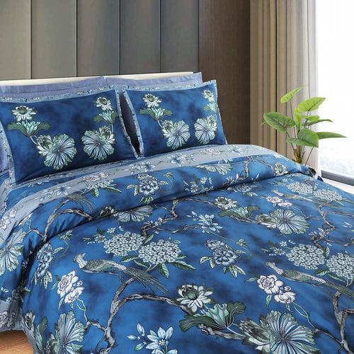 Malako Basel 350TC 100% Cotton Blue Botanic King Size Bed Sheet/Quilted Comforter Set