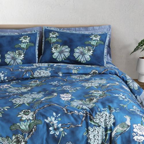 Malako Basel 350TC 100% Cotton Blue Botanic King Size Bed Sheet/Quilted Comforter Set