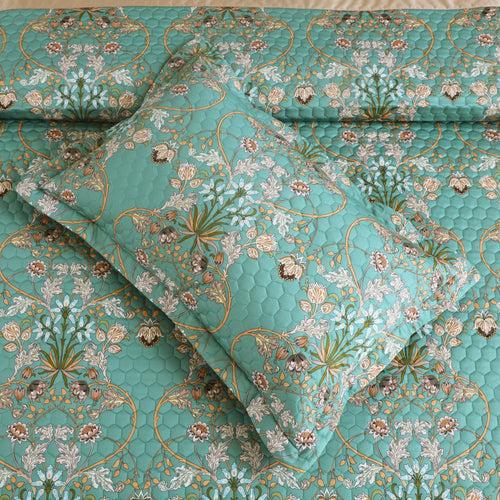 Malako Royale 100% Cotton Green Botanic King Size 5 Piece Quilted Bedspread Set
