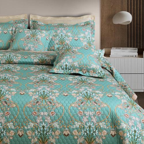 Malako Royale 100% Cotton Green Botanic King Size 5 Piece Quilted Bedspread Set
