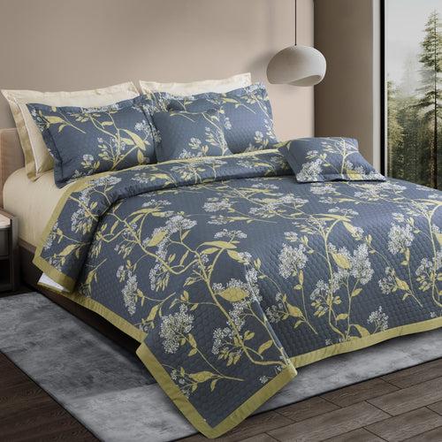 Malako Royale 100% Cotton Grey and Yellow Botanic King Size 5 Piece Quilted Bedspread Set