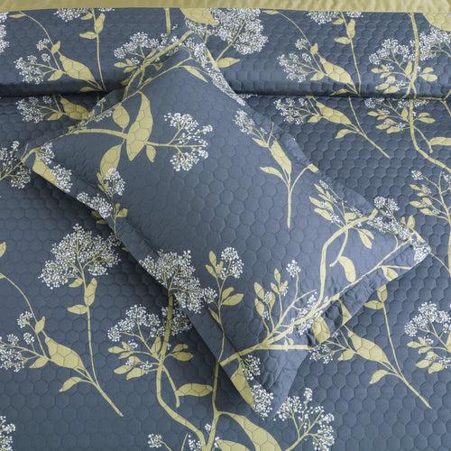 Malako Royale 100% Cotton Grey and Yellow Botanic King Size 5 Piece Quilted Bedspread Set