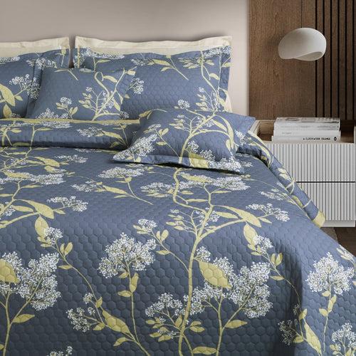 Malako Royale 100% Cotton Grey and Yellow Botanic King Size 5 Piece Quilted Bedspread Set
