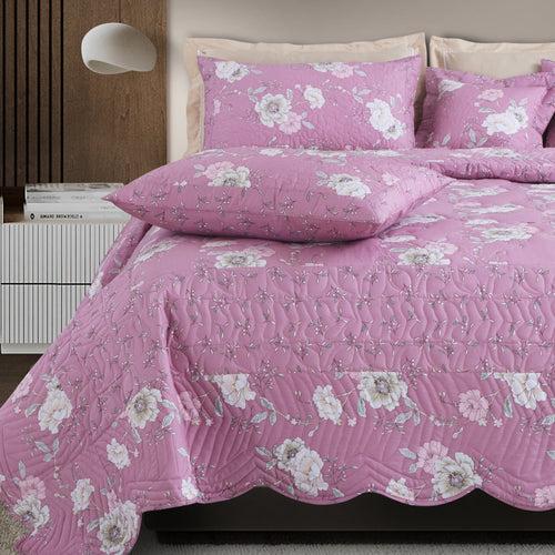 Malako Orchid 100% Cotton Taffy Pink Floral King Size 5 Piece Quilted Bedspread Set