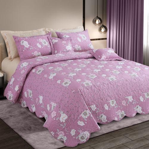 Malako Orchid 100% Cotton Taffy Pink Floral King Size 5 Piece Quilted Bedspread Set