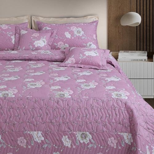 Malako Orchid 100% Cotton Taffy Pink Floral King Size 5 Piece Quilted Bedspread Set