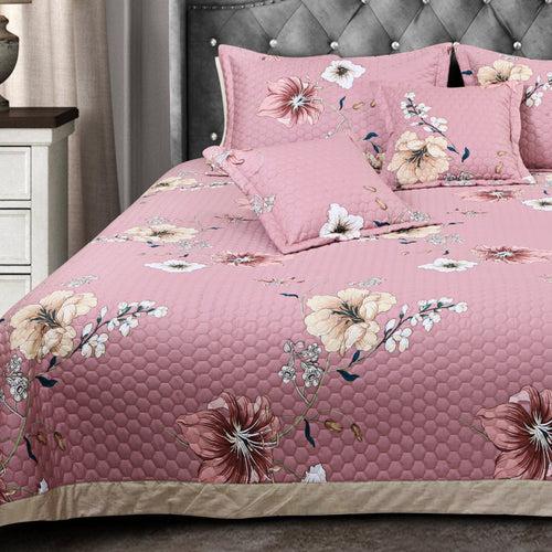 Malako Royale 100% Cotton Pink Floral King Size 5 Piece Quilted Bedspread Set