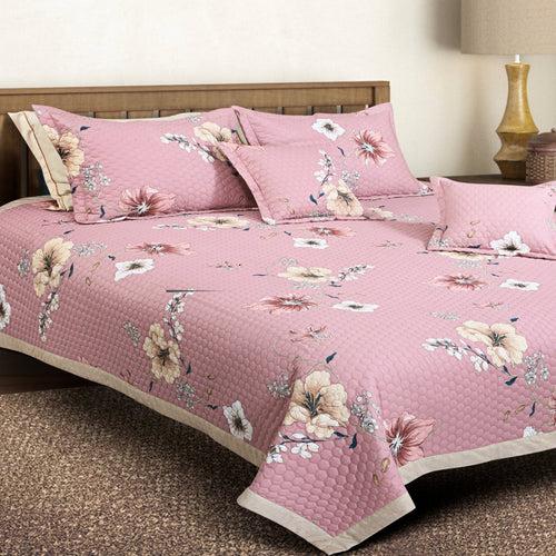 Malako Royale 100% Cotton Pink Floral King Size 5 Piece Quilted Bedspread Set