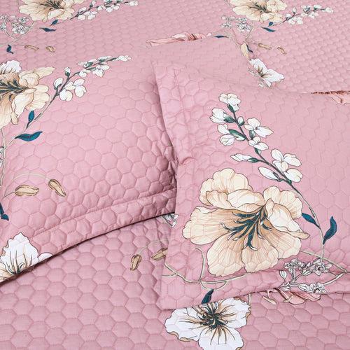 Malako Royale 100% Cotton Pink Floral King Size 5 Piece Quilted Bedspread Set