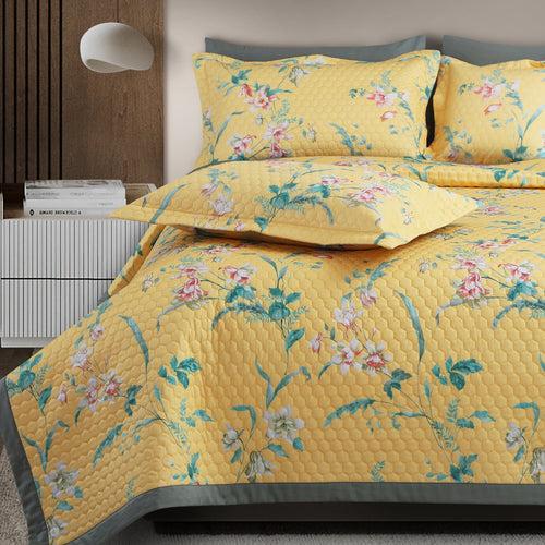 Malako Royale 100% Cotton Yellow Botanical King Size 5 Piece Quilted Bedspread Set