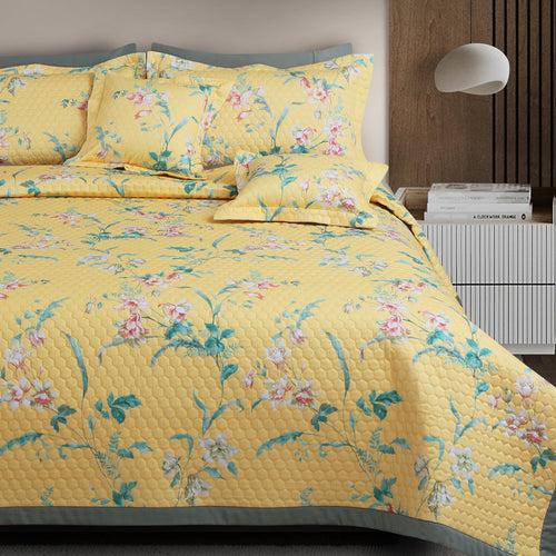 Malako Royale 100% Cotton Yellow Botanical King Size 5 Piece Quilted Bedspread Set