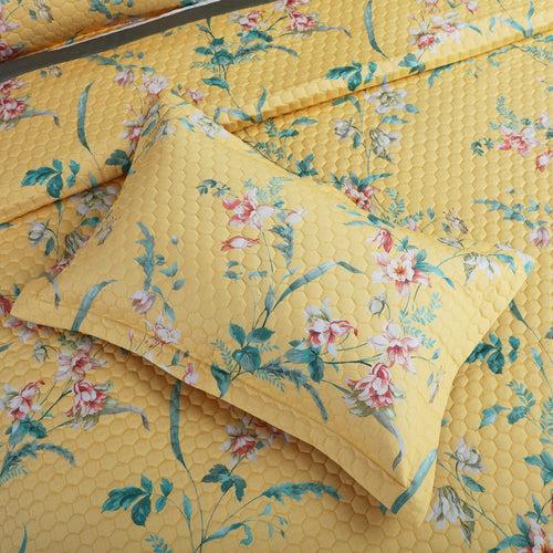 Malako Royale 100% Cotton Yellow Botanical King Size 5 Piece Quilted Bedspread Set