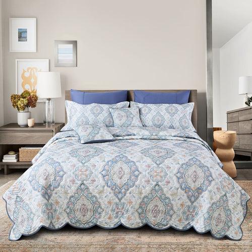 Malako Royale 100% Cotton White and Blue Ethnic King Size 5 Piece Quilted Bedspread Set