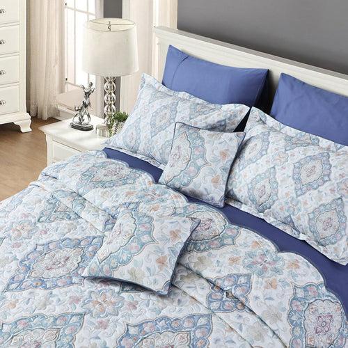 Malako Royale 100% Cotton White and Blue Ethnic King Size 5 Piece Quilted Bedspread Set