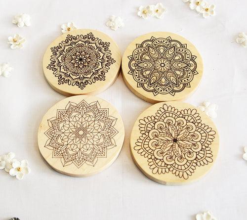 Maple wooden Mandala Coasters set of 4