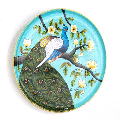 Teal Peacock Pichwai Wall Décor Plate