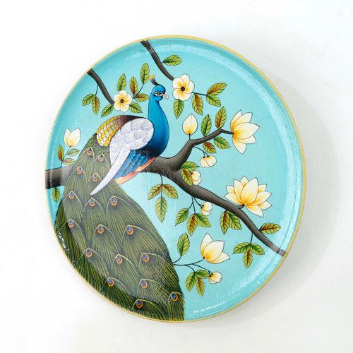 Teal Peacock Pichwai Wall Décor Plate