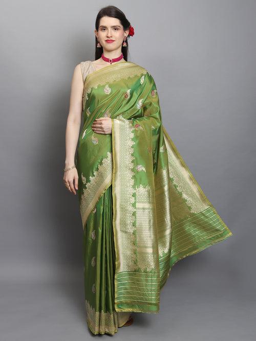 Parrot Green Color Pure Katan Silk Handwoven Banarasi Saree