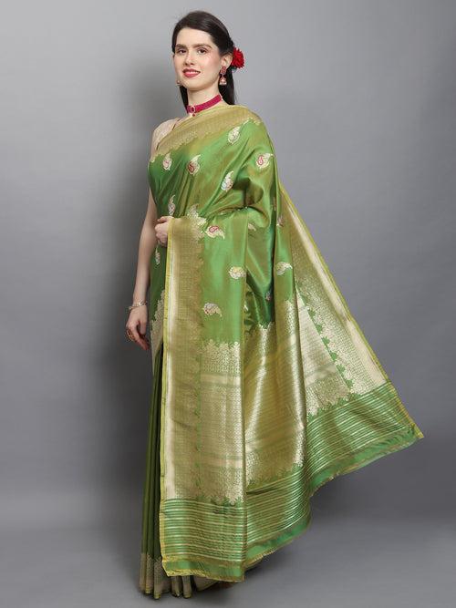 Parrot Green Color Pure Katan Silk Handwoven Banarasi Saree