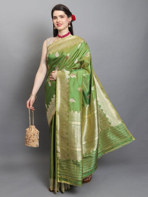 Parrot Green Color Pure Katan Silk Handwoven Banarasi Saree