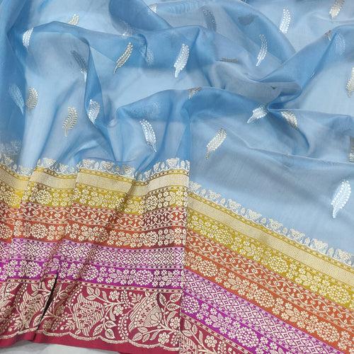 Sky Blue Color Pure Kora Silk Handwoven Banarasi Saree