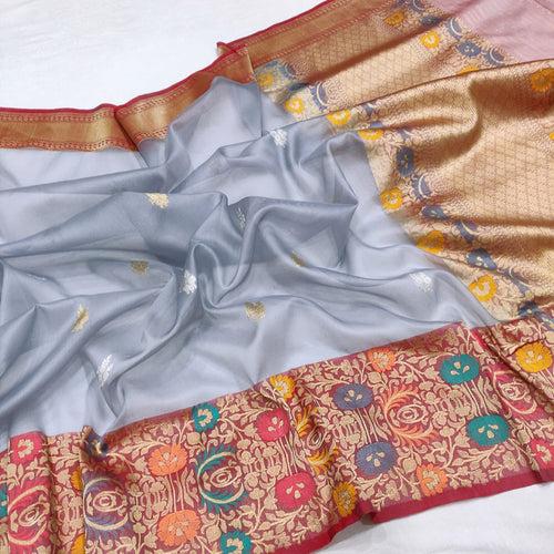 Gray Color Pure Kora Silk Handwoven Banarasi Saree