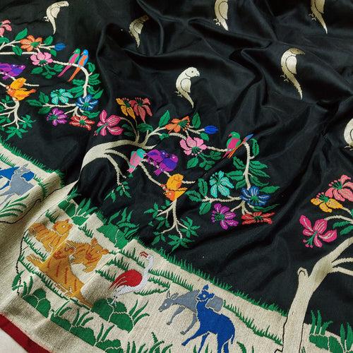 Black Color Pure Katan Silk Handwoven Banarasi Saree