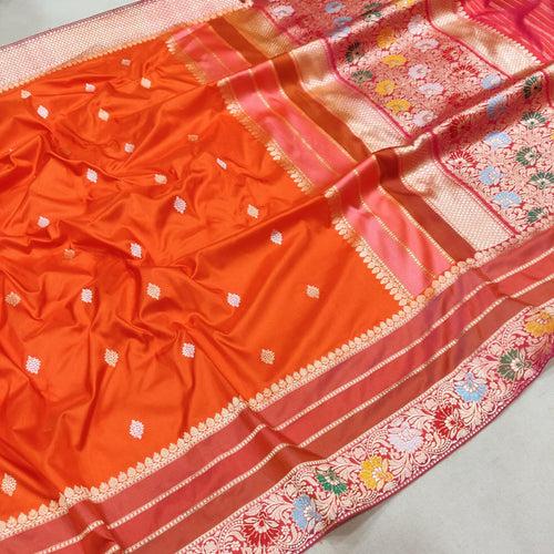 Orange Color Pure Katan Silk Handwoven Banarasi Saree