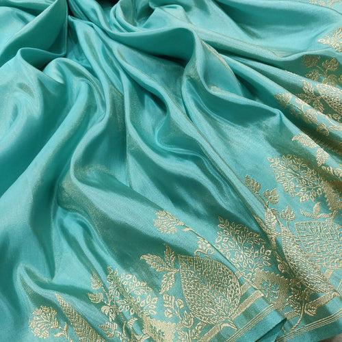 Sky Blue Color Katan Silk By Tissue Handwoven Banarasi Saree