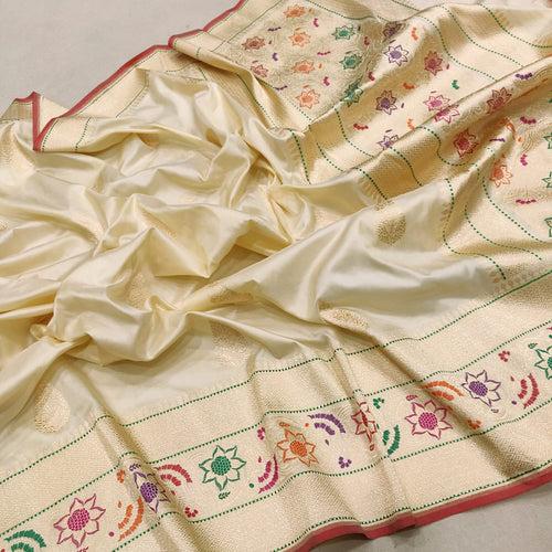 Off White Color Pure Katan Silk Handwoven Banarasi Saree