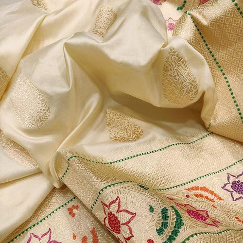 Off White Color Pure Katan Silk Handwoven Banarasi Saree