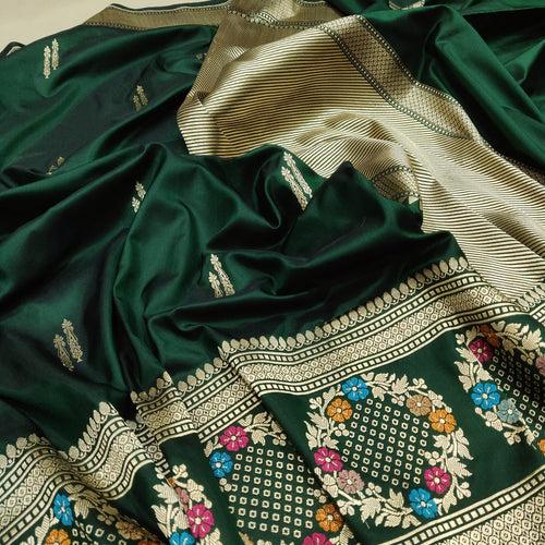 Bottle Green Katan Silk Handwoven Banarasi Saree