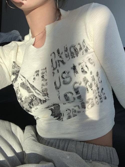 Blurry Long Sleeve Cotton Crop Top