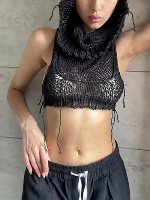 Hooded Crochet Knit Cropped Tank Top