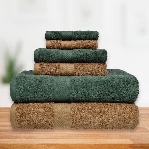 Towel Set of 6, 100% Cotton, Olive & Brown