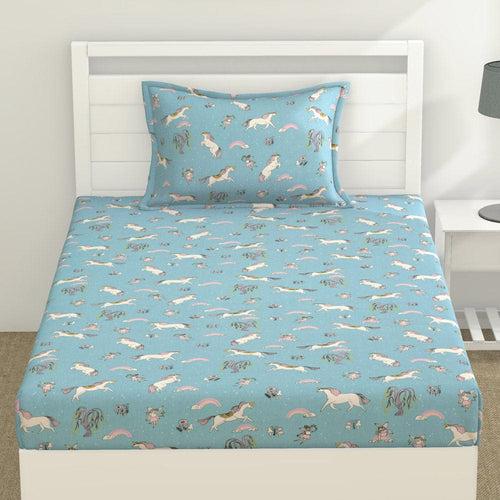 100% Cotton Single Bedsheet for Kids, White Unicorn