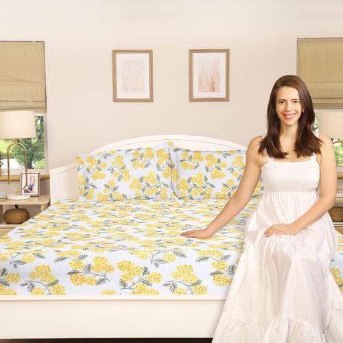 Hydrangea Yellow 100% Cotton Double Size Bedsheet, 186 TC