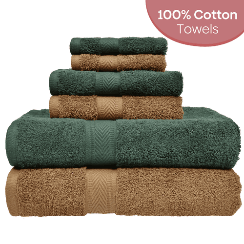 Towel Set of 6, 100% Cotton, Olive & Brown