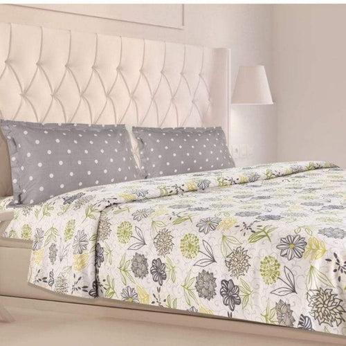 Tropical Floral Bloom, 100% Cotton Double Size Bedsheet, 186 TC, Green & Grey