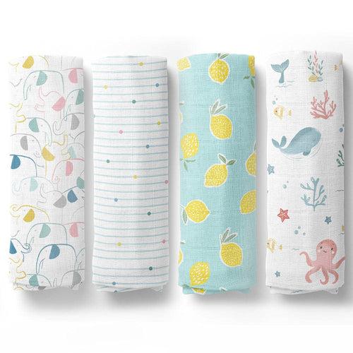 Aloha Collection 100% Cotton Muslin Swaddle Pack Of  4 (Elephant, Dot, Fruit, Ocean)