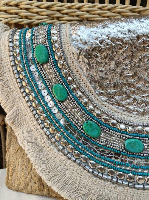 Turquoise Beaded Jute Bag