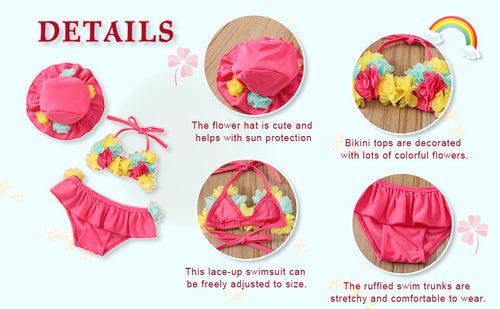 Flower 3Pcs Halter Triangle Top with Ruffle Bottom and Sun Hat