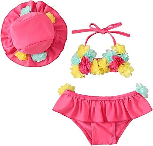 Flower 3Pcs Halter Triangle Top with Ruffle Bottom and Sun Hat