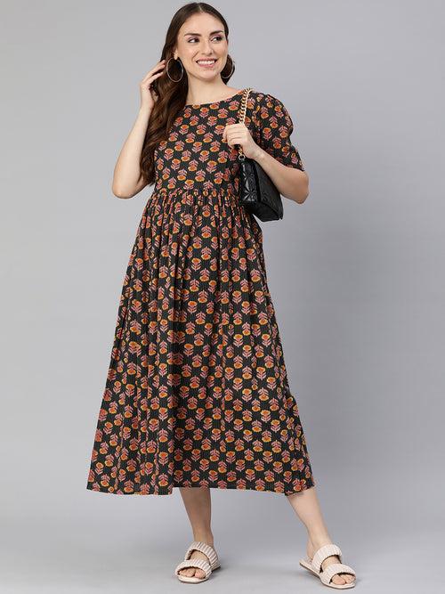 Black Floral Print Puff Sleeves Maternity Fit & Flare Midi Dress